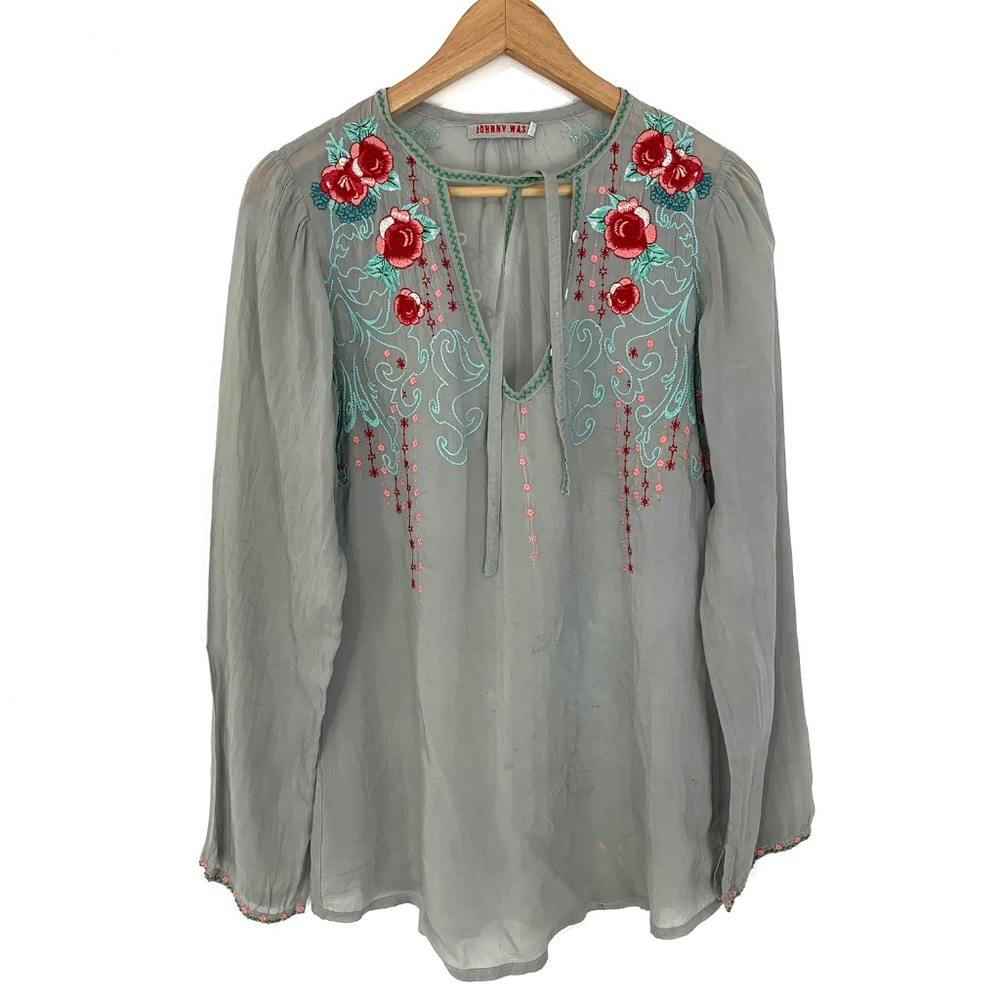 Johnny Was Gray Boho Floral Sheer Top